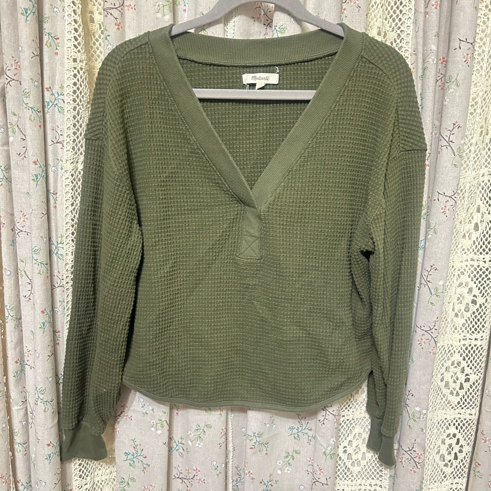 Madewell Brushed Waffle V-Neck Long Sleeve Top Dried Olive Size‎ Medium